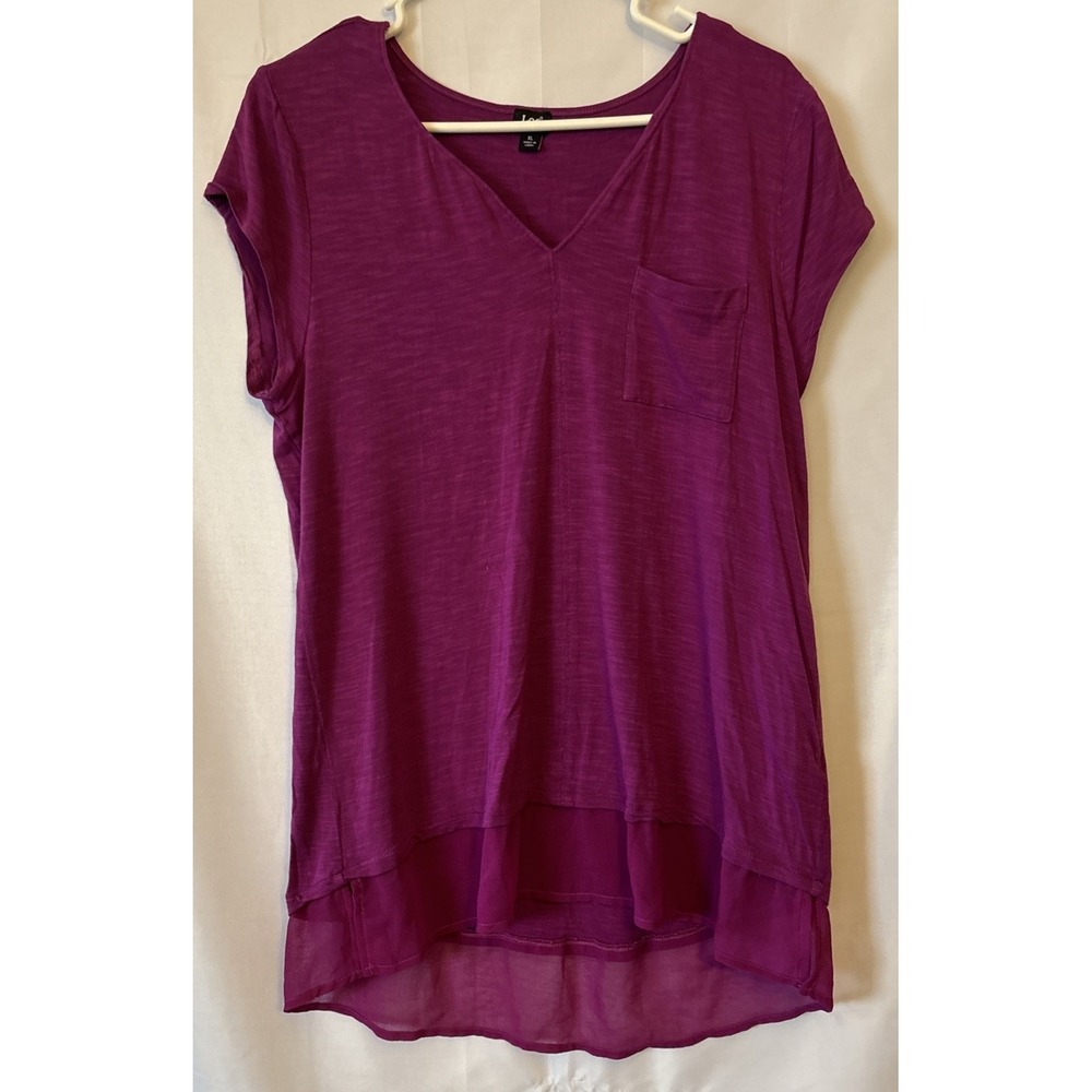 Women's Lee T Shirt XL Magenta Stretch Cap Sleeve Sheer Layer Hem